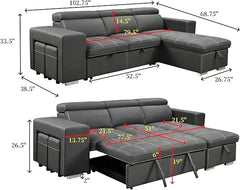 Microfiber Sectional Sleeper Sofa with Pull-Out Bed, Adjustable Headrests & Storage