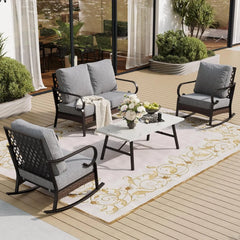 4 Piece Metal Outdoor Patio Furniture Set, Patio Conversation Sets 2-Seater Sofa, 2 Single Sofa and Coffee Table