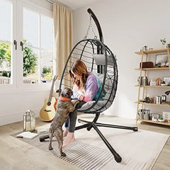 Hanging Egg Swing Chair, Outdoor Wicker Hammock Chairs Without Stand UV Resistant Cushion 350lbs for Patio, Patio Swing