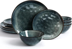 Dinnerware Sets for 4, Ocean Round 12-Piece Kitchen Plates and Bowls Sets, Reactive Glaze, Microwave and Dishwasher Safe,