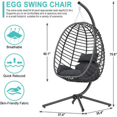 Indoor Outdoor Hanging Egg Chair with Stand, Patio Wicker Hammock Egg Swing Chair with Cushion for Bedroom Garden