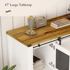 Farmhouse Coffee Bar Cabinet with Storage, 47'' Coffee Bar Table with Sliding Barn Door, White Coffee Buffet Cabinet