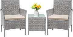 Patio Furniture Set 3 Pieces All-Weather Rattan Outdoor Furniture Patio Chairs with Tempered Glass Table (Brown/Cream)