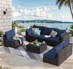 10 Piece Patio Furniture Set with 42In Fire Pit Table， Outdoor Furniture Sets Rattan Sectional Couch Outdoor Chairs