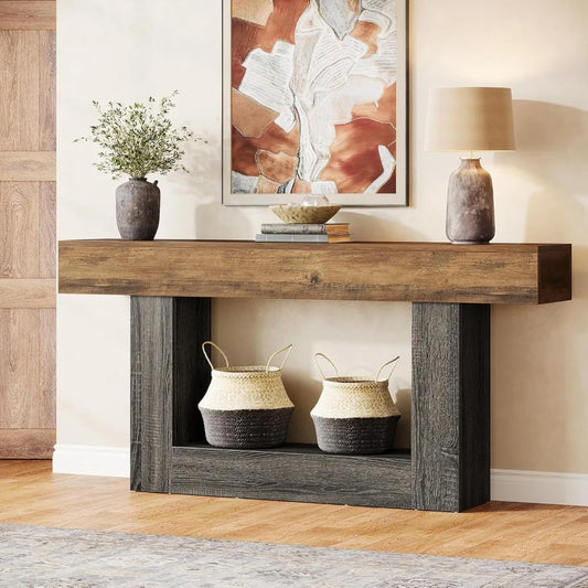 63-Inch Long Console Table, 2-Tier Entryway Table Sofa Table with Storage, Farmhouse Wood Behind Couch Tables for Living Room,