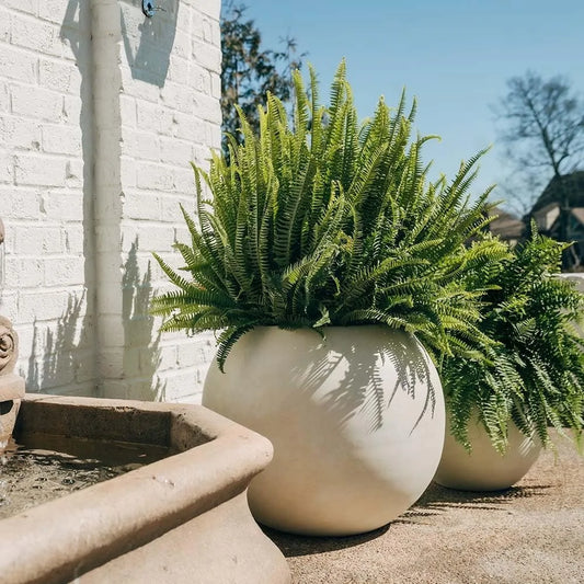 16" D Ceramic Indoor Outdoor Round Sphere Planter, Satin Ivory, Home Décor Evergreen Weather Resistant Modern Planter Pot