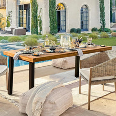 Home Acacia Wood Dining Table 6-Person Indoor Outdoor Table with Iron Legs, Sandblast Finish, Natural Stained, Rustic Met