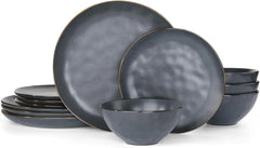 Dinnerware Sets for 4, Ocean Round 12-Piece Kitchen Plates and Bowls Sets, Reactive Glaze, Microwave and Dishwasher Safe,