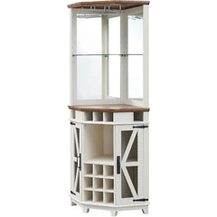 Corner Bar Storage Cabinet, Barn Door & Adjustable Shelf, Home Bar Cabinet w/LED Light & Glass Rack, 72" Tall Wine Bar Cabinet