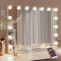 Vanity Mirror with Lights & Bluetooth Speaker, 15 Dimmable Bulbs, Touch Screen, USB Charging, 3 Color Modes