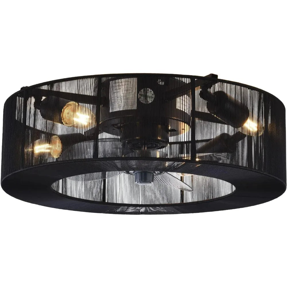 Black Caged Ceiling Fan with Lights and Remote Control 18'' Low Profile Bladeless Flush Mount Fan for Indoor Living Room Bedroom