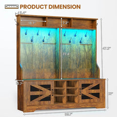 Hall Tree with Bench and Shoe Storage, 5-in-1 Entryway Bench with Coat Rack, 16 Shoe Cubbies & 12 Coat Hooks, Barn Door & Adjus