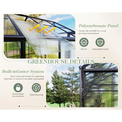 Aluminum Polycarbonate Greenhouse with Ventilation and Rain Gutter, Double Swing Doors with Hook, Greenhouses