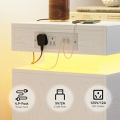 Night Stand Set of 2, Modern White Nightstand with with Charging Station, Bedside Tables with LED Light and Drawers, End Table