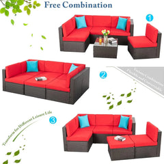 6 Piece Small Patio Furniture Sets, All Weather PE Wicker Rattan Outdoor Sectional Sofa with Glass Table, Cushions and Pillows