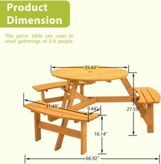 6 Person Outdoor Picnic Table, Round Picnic Table with 3 Built-in Benches, Umbrella Hole,Outside Wood Picnic Table and Bench Set