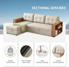 Pull-Out Couch with Storage Chaise and Armrests, Convertible Sectional Sleeper Sofa Bed with Removable Back Cushions