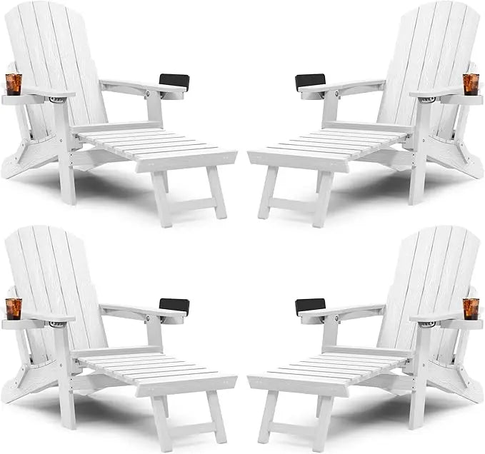 Adirondack Chair with Ottoman Set of 4, Adjustable Backrest Adirondack Chairs, Folding Outdoor Fire Pit Chair with 2 Cup-Holders