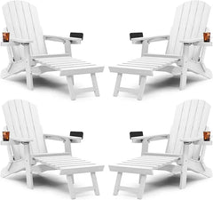 Adirondack Chair with Ottoman Set of 4, Adjustable Backrest Adirondack Chairs, Folding Outdoor Fire Pit Chair with 2 Cup-Holders