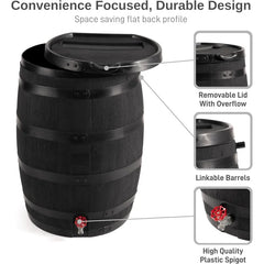RTS Home Accents Premium 55-Gallon Eco Rain Barrel with Removable Lid, Flat Back Rain Water Collection Barrel,