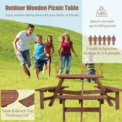 6 Person Outdoor Picnic Table, Round Picnic Table with 3 Built-in Benches, Umbrella Hole,Outside Wood Picnic Table and Bench Set