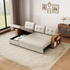 Pull-Out Couch with Storage Chaise and Armrests, Convertible Sectional Sleeper Sofa Bed with Removable Back Cushions