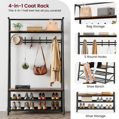 Large Coat Rack Shoe Bench, 4-in-1 Hall Trees Entryway Bench with Coat Rack & Shoe Rack, Steel Frame Storage Shelf & Hanging Bar
