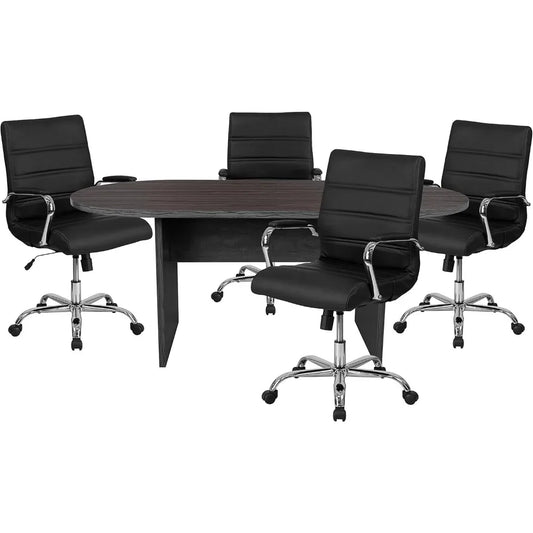 5-Piece Oval Conference Table Set - Includes 4 Black Chrome LeatherSoft Executive Chairs for Office Meetings