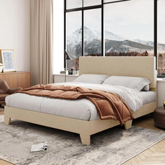 King Size Upholstered Platform Bed Frame with Adjustable Headboard & Wood Slats, No Box Spring Needed