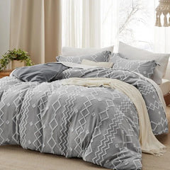 Boho Duvet Cover King Size - Checkered King Duvet Cover Set for All Seasons, 3 Pieces Soft Shabby Chic Embroidery Boho Bedding