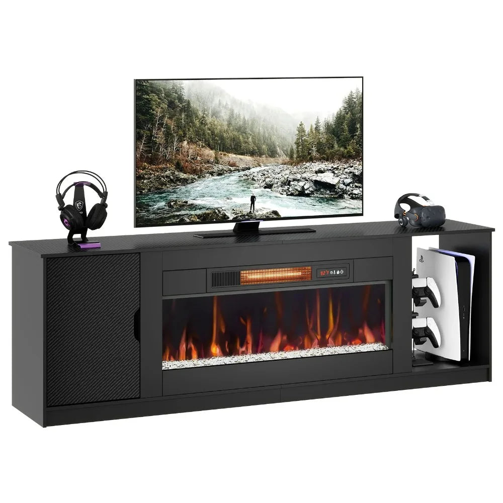 70" Modern Fireplace TV Stand for TVs Up To 80" with LED Lights and Storage, PS5 Gaming TV Console for Living Room, TV Stands