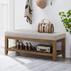 Bench, Large Rectangular Upholstered Tufted Linens Fabric Ottoman Benches, Padded Benches with Solid Wood Shelf-Linen, Bench