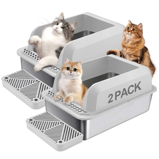 Stainless Steel Cat Litter Box XL Extra Large Enclosure Cat Box with Lid for Small Big Cats, Double Pedal Filter Metal High Sid
