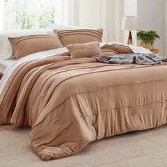 Bedsure King Comforter Set - 4 Pieces Grid Pleat Bed Set, Beige Boho Bedding for All Season, 1 Soft Comforter, 2 Pillowcases, 1