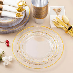 350PCS Clear Plastic Plates with Gold Trim for 50 Guests, Disposable Dinnerware Set for Party & Wedding, Includes 100 Plastic