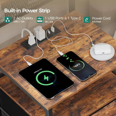 Tall Nightstand with Charging Station and LED Lights, Large Night Stands with Fabric Drawers, Bedside Table with Storage Shelves