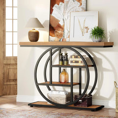 Console Table, Industrial 4-Tier Sofa Table Entryway Table with Circle Base, Narrow Wood Accent Tables with Sto