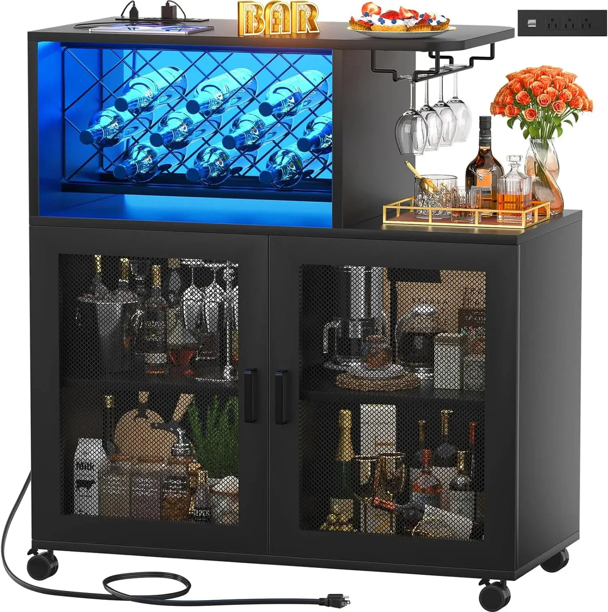 Wine Bar Cabinet with Wheels, Small Liquor Cabinet with LED Light, Coffee Bar with Wine Rack, Home Bar Cart with Power Outlets