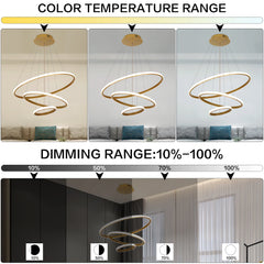 Modern LED Chandelier for High Ceiling, Dimmable 3-Ring Gold Pendant Light with Remote Flush Mount Ceiling Light for Living Room