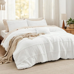 Bedsure King Comforter Set - 4 Pieces Grid Pleat Bed Set, Beige Boho Bedding for All Season, 1 Soft Comforter, 2 Pillowcases, 1