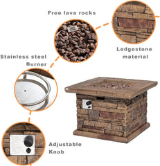 Outdoor Propane Fire Pit Table w Faux Ledgestone 32-inch Square Fire Table, 50,000 BTU Stainless Steel Burner, Free Lava Rocks