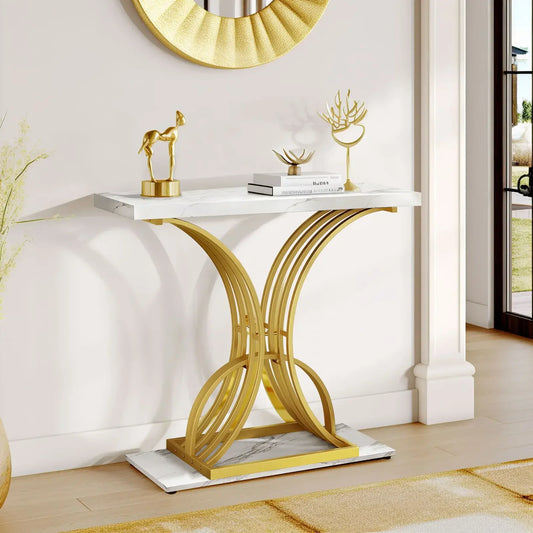 Modern Gold Console Table 39" Entryway Table with White Faux Marble Living Room Indoor