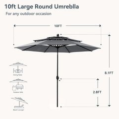 10ft Patio Umbrellas, Outdoor 3 Tier Vented Large Market Table Umbrella with 8 Sturdy Ribs and 1.5" Umbrellla Pole