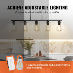 VEVOR 5-Light Kitchen Island Pendant Lights 60W with Clear Glass Lampshade 4 Rods 2 Metal Chains Farmhouse Linear Chandeliers