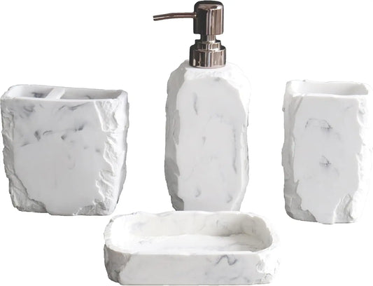Marble Bathroom Accessories Set,Marble Design Toothbrush Holder,Farmhouse Bathroom Decor,4 Pcs Resin Gift Set Apartment Necessit