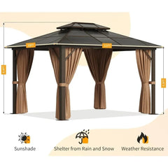 12'x16 'hard Top Pavilion, Outdoor Polycarbonate Double Roof Pavilion with Aluminum Frame, Mesh, and Curtains Gazebo