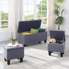 Hinged Storage Ottoman Set of 3, 38'' Living Room Storage Bench with Thick Seating, 2pcs Small Square Dorm Stool
