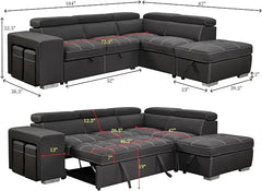 Microfiber Sectional Sleeper Sofa with Pull-Out Bed, Adjustable Headrests & Storage