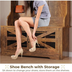Hall Tree with Bench and Shoe Storage, 5-in-1 Entryway Bench with Coat Rack, 10 Shoe Cubbies & 9 Coat Hooks, Barn Door & A