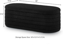 Modern Oval Storage Ottoman Bench – Upholstered Boucle Teddy Fabric with Hidden Storage, Black